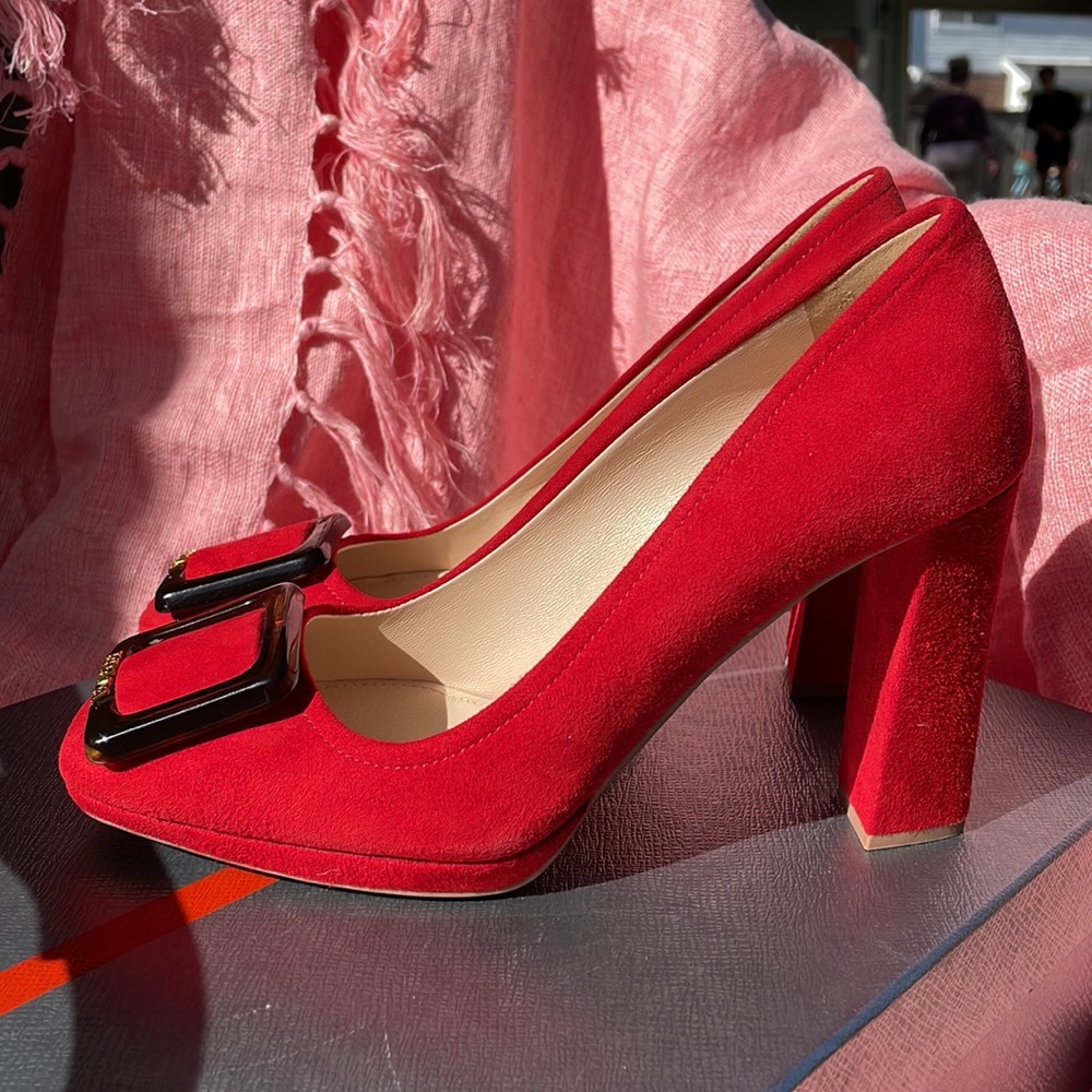 Prada Vintage Red Block Heels, Camoscio 5 in Rosso, size 38.5